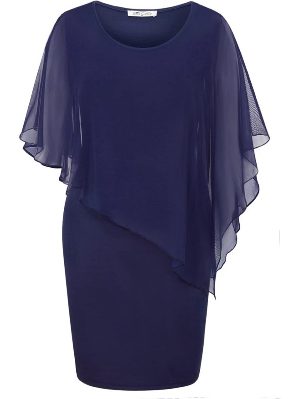 Women's Blue Crew Neck Mesh Cape Overlay Knee Length Pencil Midi Bodycon Dress